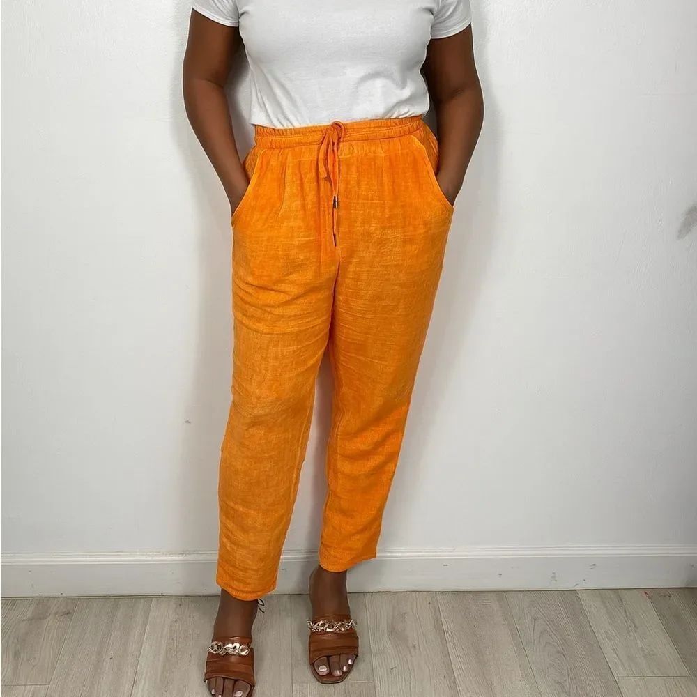 Made in Italy Orange Linen High Rise Drawstring Pants Elastic Waist Size S